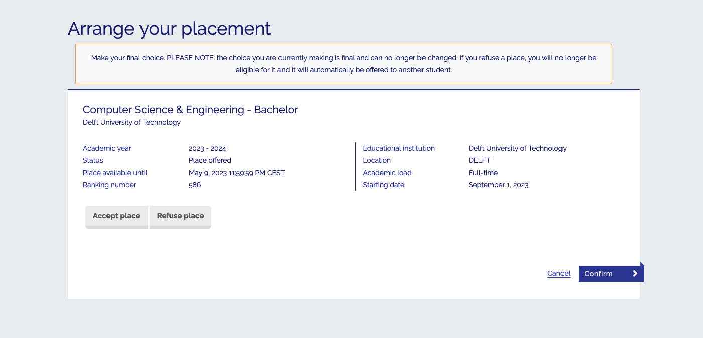 Accepted to Delft University of Technology